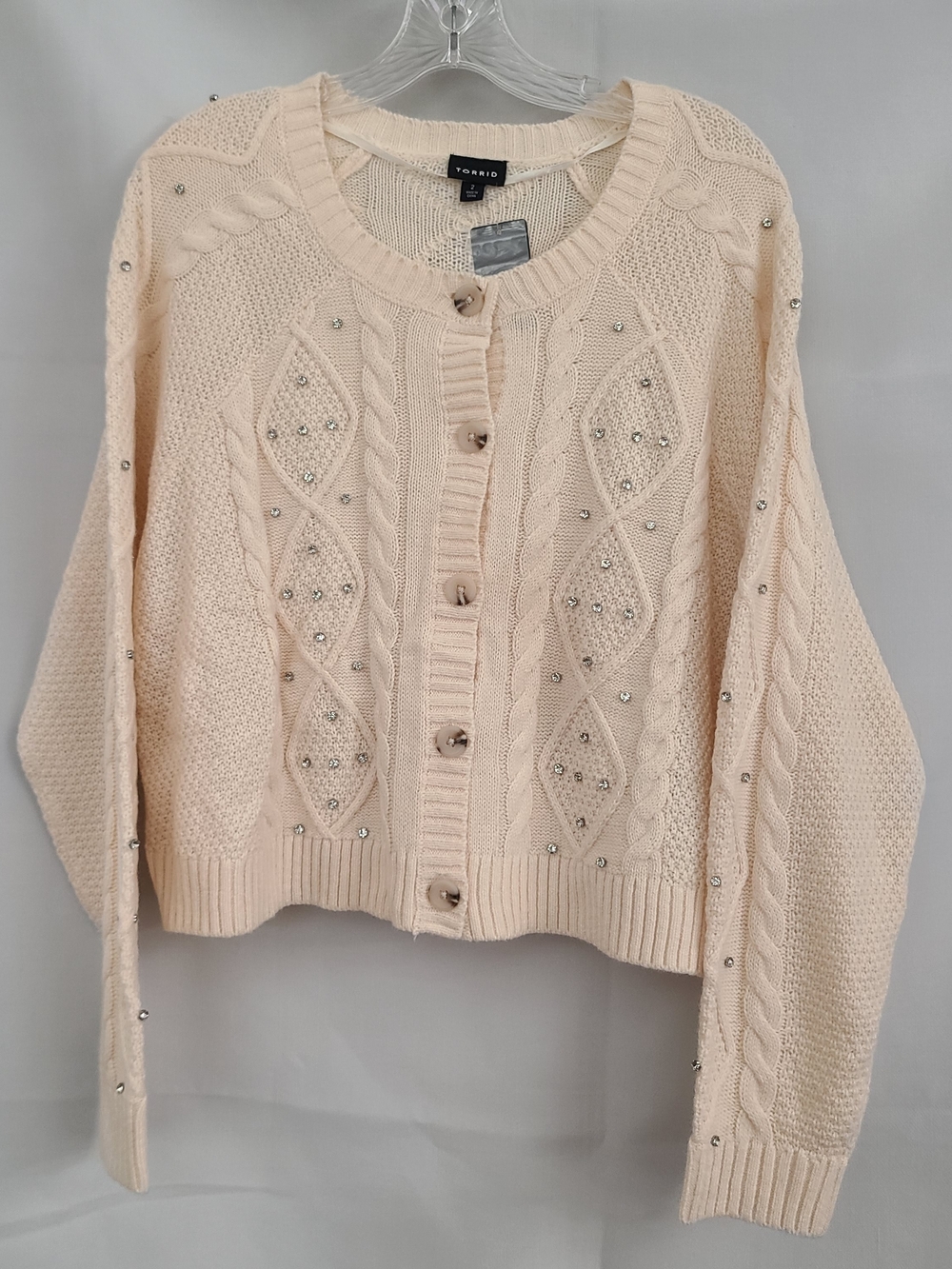 Torrid Sz 2X Cream Cable Knit Embellished Preppy Boxy Cropped Sweater Cardigan